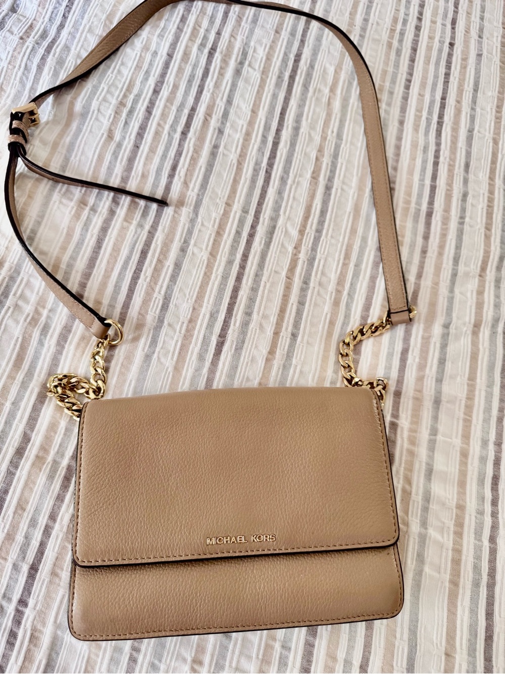 Michael Kors Daniela Taupe Leather Crossbody with Gold Chain Strap